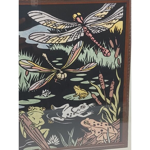 Vintage Dragonfly Frog Toad Pond Swamp Lake Foxtail Black Velvet Framed Painting - Picture 5 of 12